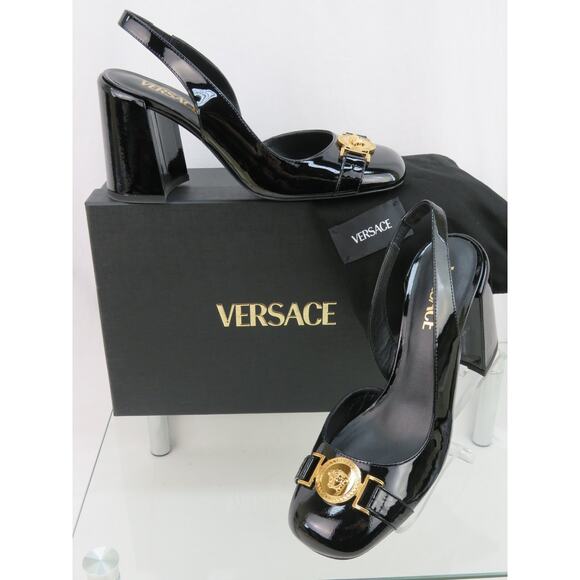 NIB VERSACE BLACK PATENT LEATHER GOLD MEDUSA LOGO SANDALS HEEL PUMPS 39 9